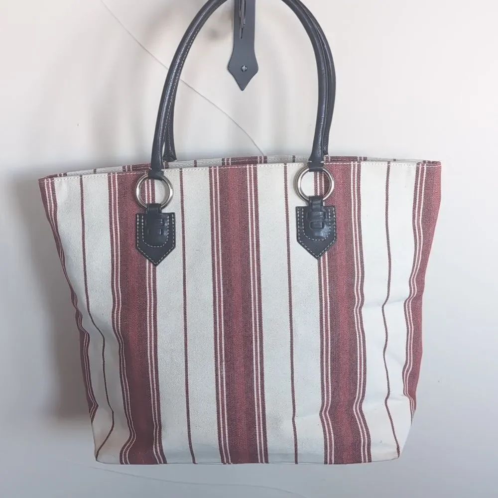 Banana Republic XL Striped Red & Cream Canvas Tote Bag w Black Leather Handles - Picture 7 of 17